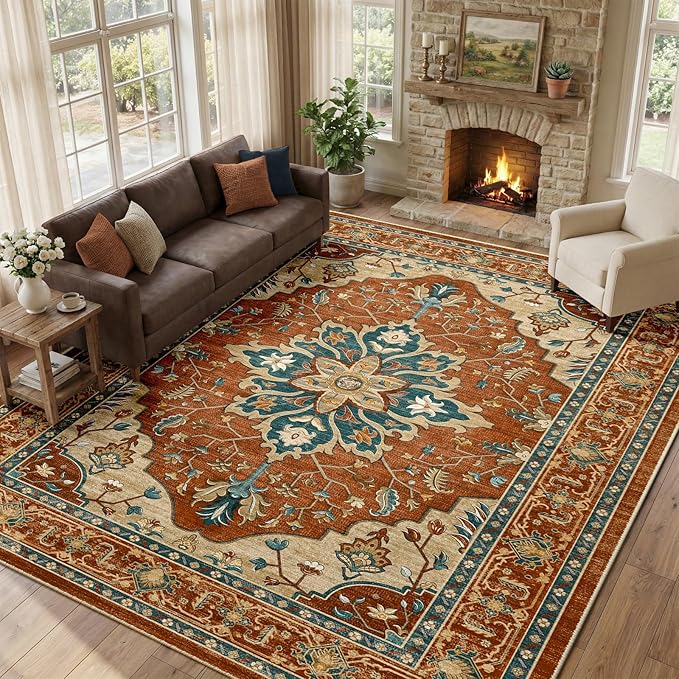 RELEANY Area Rugs 10'x12' Washable Non-Slip, Floral Vintage Distress Print Pattern Medallion Carpet for Living Room Bedroom Dining Room, Red Orange Blue Brown