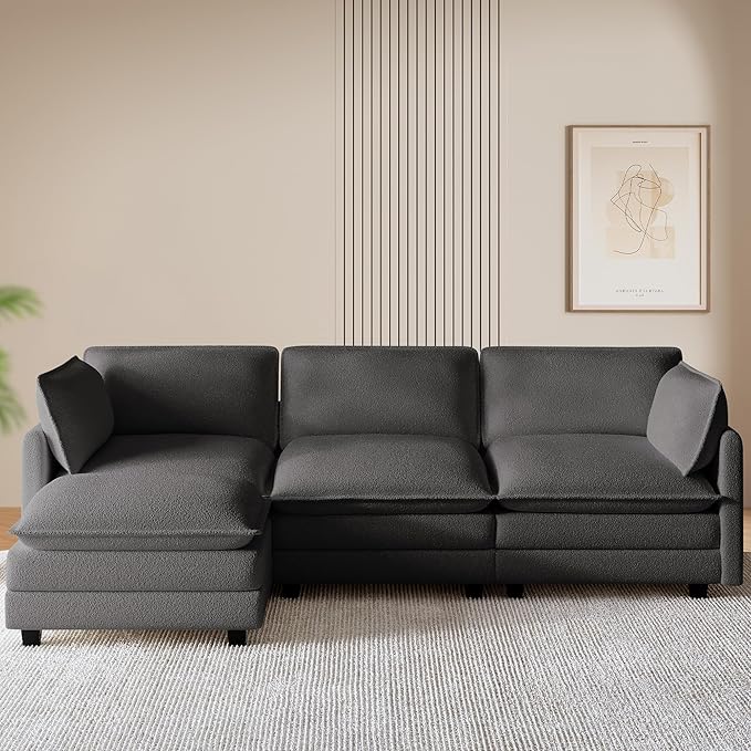 ROWHY 112'' Sectional Cloud Couch with Movable Ottoman, 4 Seat Modern Chenille Modular Sofa with 2 Throw Pillows, Deep Seat L Shaped Couch for Living Room Bedroom Apartment, Dark Grey | Sturdy Frame, Ultimate Comfort, Deep Seat, Pet-Friendly Fabric, Mo...