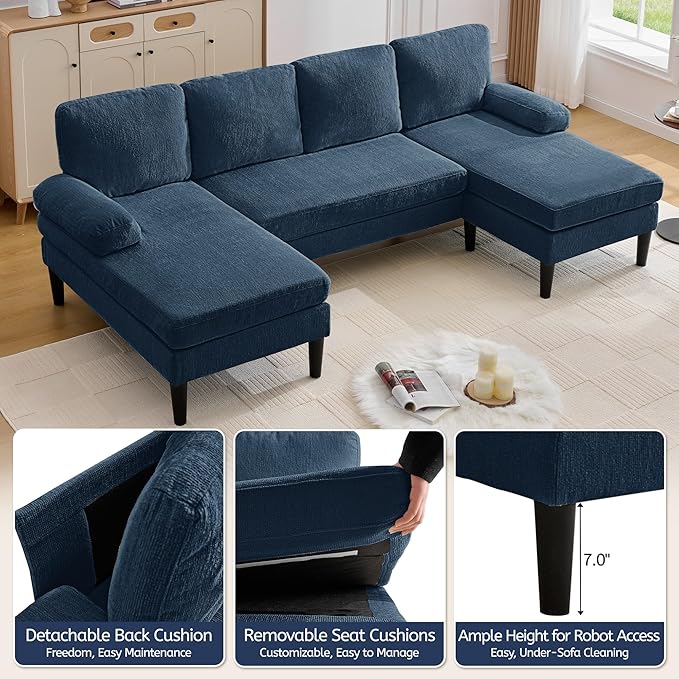 Korser 101" U-Shaped Sectional Couches for Living Room, Chenille Upholstery 4-Seat Sofa with Double Chaises, Modern Couch with Wood Legs for Apartment & Small Space, Blue