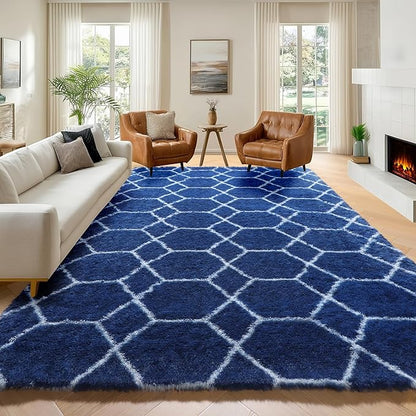 ONASAR Geometric Area Rugs 5x8 for Living Room, Fluffy Moroccan Navy and White Rug for Boys Bedroom Home Decor Aesthetic, Soft Shaggy Plush Floor Carpet for Kids Girls Teen Nursery Playroom Office