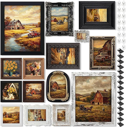 Kathfly 15 Pack Vintage Picture Frames for Wall or Tabletop Display Ornate French Country Frames Vintage Farmhouse Decor Antique Wall Art Set for Gallery Bedroom Living Room Decor (Retro in Black)