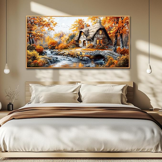 QIYILEXWART Canvas Wall Art For Living Room Wall Decor For Bedroom Office Wall Decoration Autumn Cottage River Landscape Painting Farmhouse Pictures Artwork Room Aesthetic Home Decor 20x40 In