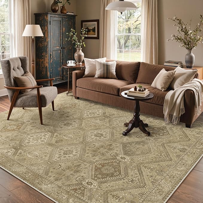 Bavni 8x10 Area Rug Washable Rug for Living Room Bedroom, Vintage Print Carpet, Low Pile Lightweight Mat with Non Slip Backing, Light Brown