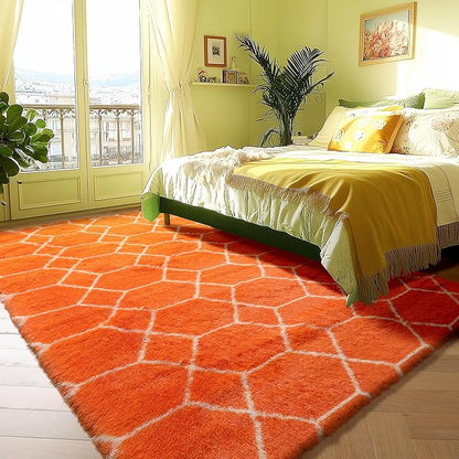 ONASAR Rugs for Living Room Bedroom, 5x8 Fluffy Orange and White Area Rug, Geometric Boho Soft Plush Shaggy Fuzzy Floor Carpet for Nursery Kids Girls Boys Teen Dorm Home Decor Aesthetic