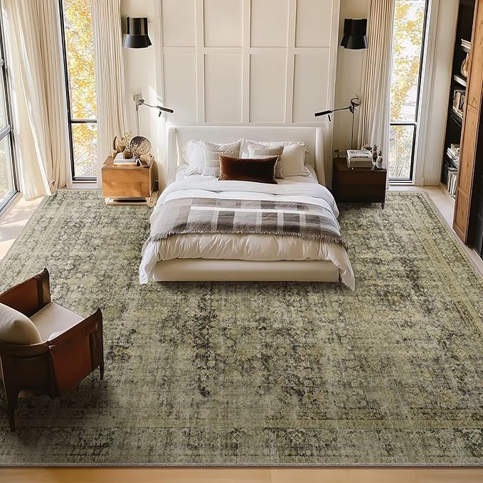 Washable 10x14 Area Rugs for Living Room, Boho Non-Slip Vintage Distress Large Rugs for Bedroom Dining Room Office, 0.3" Neutral Oriental Throw Thin Carpet, Moss/Yellow/Multi, C3