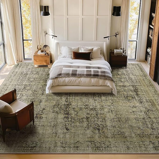 Washable 10x14 Area Rugs for Living Room, Boho Non-Slip Vintage Distress Large Rugs for Bedroom Dining Room Office, 0.3" Neutral Oriental Throw Thin Carpet, Moss/Yellow/Multi, C3