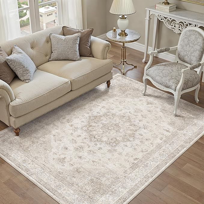 PureCozy Beige Area Rug 3x4 Washable Vintage Carpet Entryway Office Soft Retro Kitchen Low Pile Thin Door Mat Non Slip Oriental Medallion Throw Small Rug for Bathroom Bedroom Dining Living Room