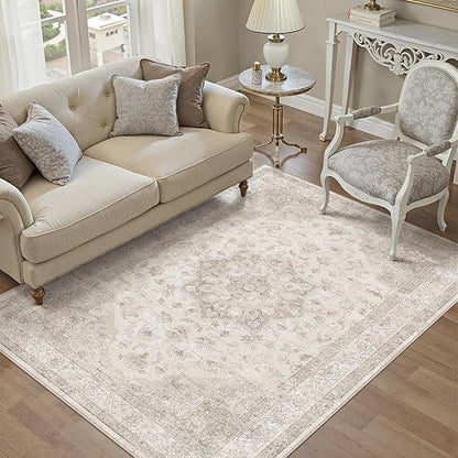 PureCozy Beige Area Rug 5x7 Washable Vintage Carpet for Living Room Office Soft Retro Low Pile Thin Indoor Rug Non Slip Oriental Medallion Floor Cover for Bedroom Dining Room