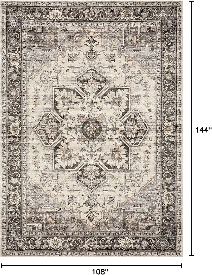 Area Rug for Living Room - 9x12 Soft Machine Washable Oriental Vintage Floral Distressed Large Indoor Floor Carpet for Bedroom Under Dining Table Home Office Decor - Grey Brown