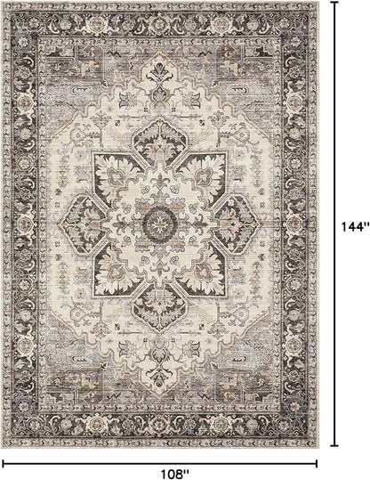 Area Rug for Living Room - 9x12 Soft Machine Washable Oriental Vintage Floral Distressed Large Indoor Floor Carpet for Bedroom Under Dining Table Home Office Decor - Grey Brown
