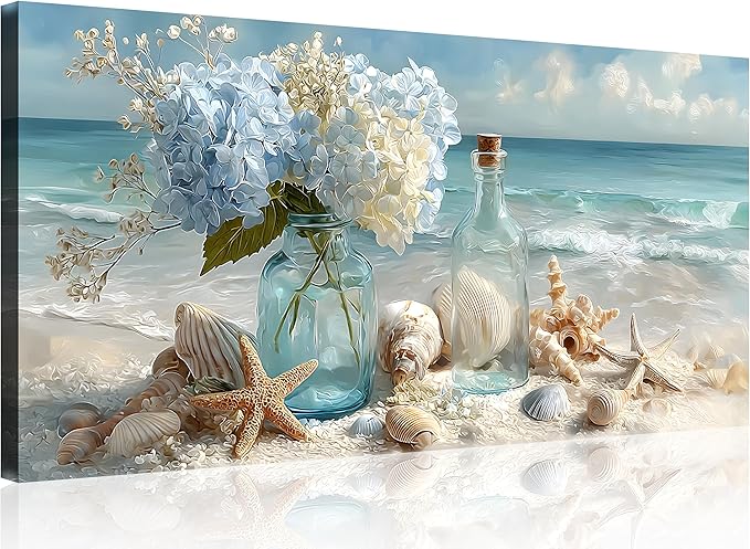 TutuBeer 1 Panel Blue Ocean Beach Bathroom Canvas Wall Art Seaside Seashell Painting Print Artwork Starfish with White Flower Coastal Bathroom Canvas Wall Art for Living Room Bedroom Bathroom 12"x24"