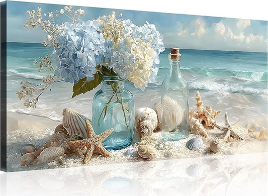 TutuBeer 1 Panel Blue Ocean Beach Bathroom Canvas Wall Art Seaside Seashell Painting Print Artwork Starfish with White Flower Coastal Bathroom Canvas Wall Art for Living Room Bedroom Bathroom 12"x24"