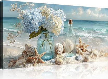 TutuBeer 1 Panel Blue Ocean Beach Bathroom Canvas Wall Art Seaside Seashell Painting Print Artwork Starfish with White Flower Coastal Bathroom Canvas Wall Art for Living Room Bedroom Bathroom 8"x16"
