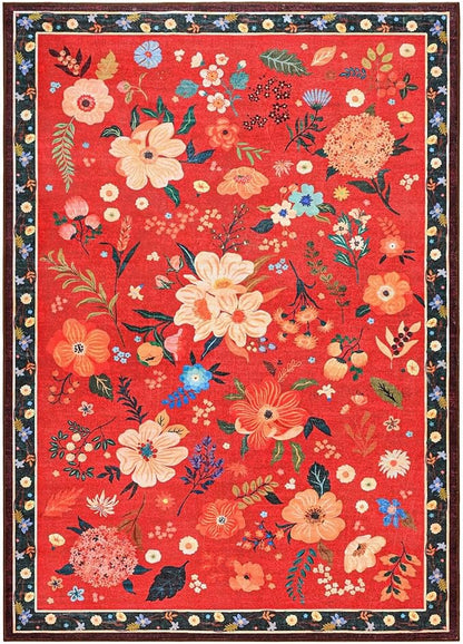 Macgace 3x5 Floral Rug for Girls Bedroom, Machine Washable Area Rugs with Non Slip Backingfor Living Room, Cute Flowers Carpet Kitchen Dining Room Kids Playroom Decor, Christmas Red