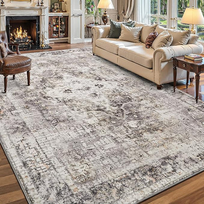 YOH Boho Washable Rug 6x9, Charcoal Gray Vintage Non Slip Area Rug, Distressed Indoor Carpet for Living Room Bedroom Kitchen Office