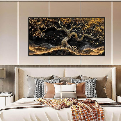 Gold Trees Pictures for Living Room - Modern Art Wall Decor for Office - Black Framed Wall Art Ready to Hang Size 24" x 48"