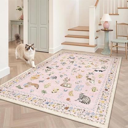Soalmost Cat 4x6 Area Rugs for Baby Girl Nursery, Machine Washable Animal Floral Accent Rug Non-Slip Low Pile Soft Throw Rugs for Entryway Kitchen Bedside Living Room Bedroom Playroom (4 x 6,Pink)