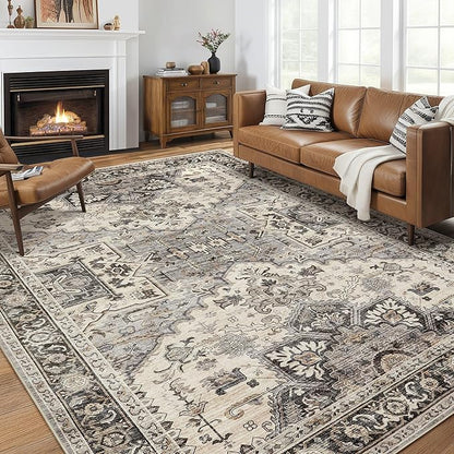 Area Rug for Living Room - 9x12 Soft Machine Washable Oriental Vintage Floral Distressed Large Indoor Floor Carpet for Bedroom Under Dining Table Home Office Decor - Brown