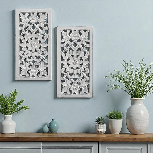 Wood Wall Art - Wall Panels in Handcrafted Carved Wood For Livingroom Bedroom,Dining room,Elegant Decorative Wall Art for Home & Office 8x16" Set of 2 White Antique_Flowers Designs