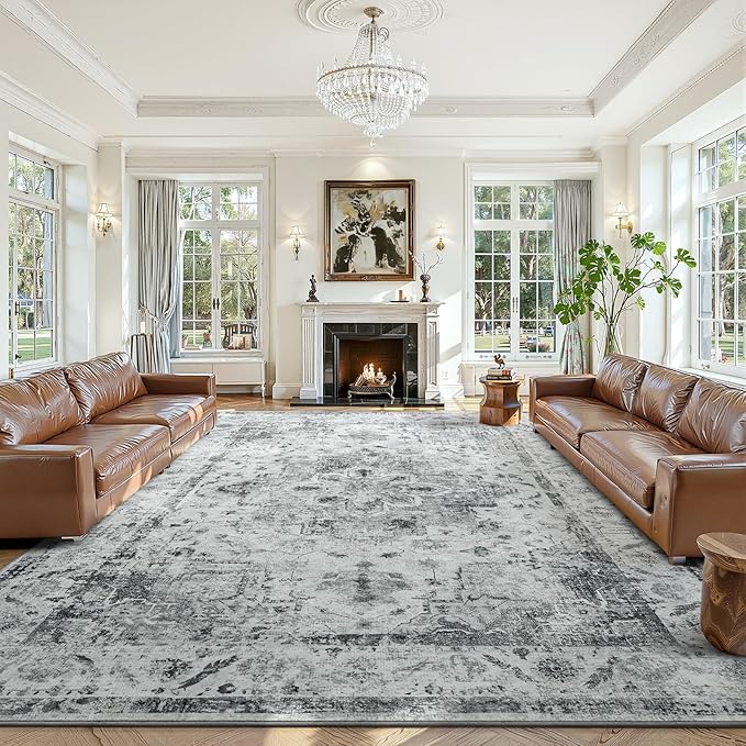 YOH Boho Washable Rug 8x10, Light Gray Vintage Non Slip Area Rug, Distressed Indoor Carpet for Living Room Bedroom Kitchen Office