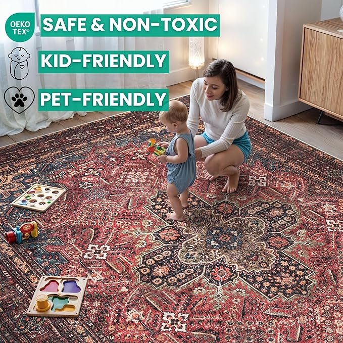 Bloom Rugs Washable Non-Slip 6' x 9' Rug - Red/Teal Blue/Yellow Traditional Medallion Area Rug for Living Room, Bedroom, Dining Room, and Kitchen - Exact Size: 6' x 9'