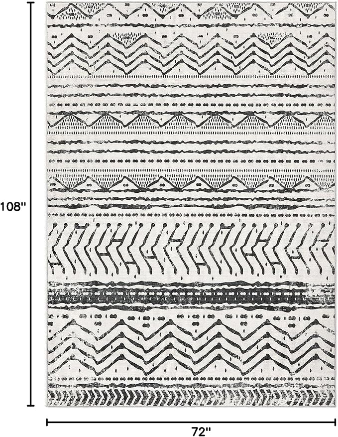 Nakagishi Area Rug Living Room Rugs: 6X9 Machine Washable Boho Large Neutral Farmhouse Stain Resistant Moroccan Indoor Floor Carpet for Bedroom Nursery Dorm Dining Room Home-Ivory Black