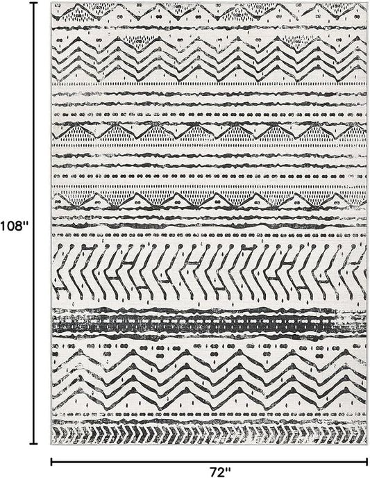 Nakagishi Area Rug Living Room Rugs: 6X9 Machine Washable Boho Large Neutral Farmhouse Stain Resistant Moroccan Indoor Floor Carpet for Bedroom Nursery Dorm Dining Room Home-Ivory Black