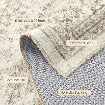 Area Rug 5x7 Washable Vintage - Soft Traditional Rugs for Living Room Large Non Slip Backing with Low Pile Farmhouse Oriental Retro Carpet for Bedroom Dining Room or Home Office - Yellowish Brown