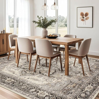 Area Rug for Living Room - 8x10 Soft Machine Washable Oriental Vintage Floral Distressed Large Indoor Floor Carpet for Bedroom Under Dining Table Home Office Decor - Grey Brown