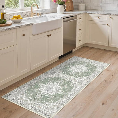 GENIMO 2X6 Washable Vintage Runner Rug for Hallway, Non-Slip Low Pile Chenille Print Rug, Soft Rugs for Indoor Entryway Kitchen Corridor, Sage & Linen