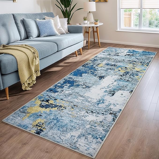2x6 Runner Rugs for Hallways Kitchen Runner - Washable Runner Rug with Non Slip Rubber Backing, Soft Abstract Carpet Long Hallway Runners for Bedroom, Bathroom, Enterway(Blue)