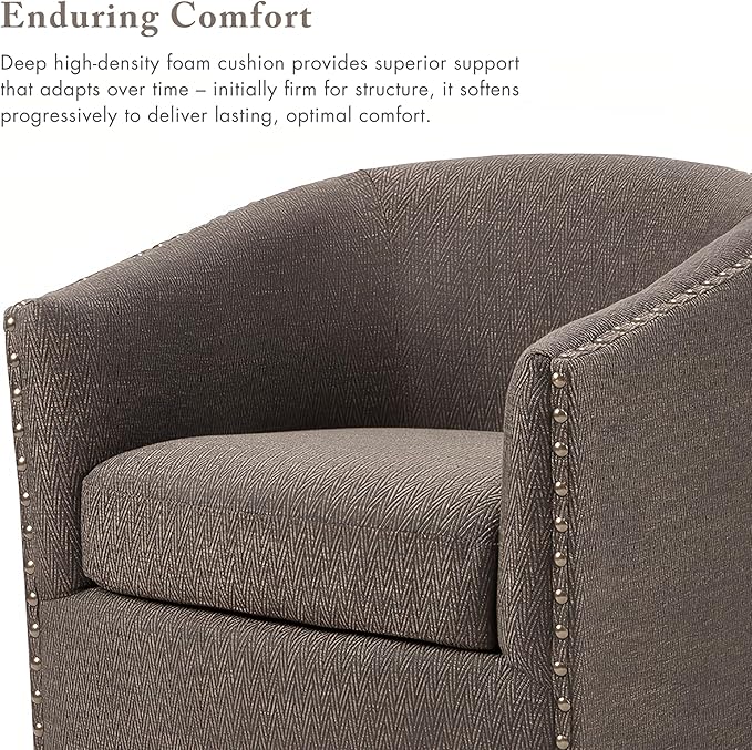 Madison Park Swivel Barrel Accent Chair, Upholstered Curved Back with 7-Inch Thick Woven Cushion, 360° Swivel, Nailhead Trim, Comfy Chair for Living Room, Bedroom, Office, 28" Wide, Chocolate, Tyler