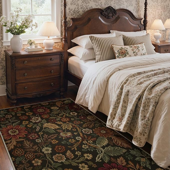 GENIMO 3X5 Washable Area Rugs for Living Room, Vintage Floral Print Non-Slip Low Pile Carpet, Stain Resistant Soft Chenille Rugs for Bedroom Dining Room Home Office, Floral Brown