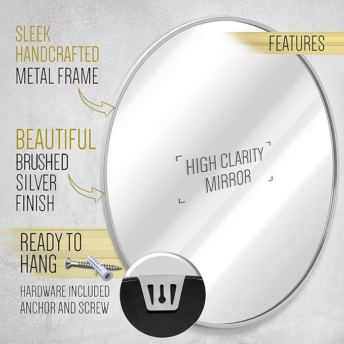 HBCY Creations Medium Round Mirror, Silver 24 inch Wall Mirror for Entryway, Bathroom, Living Room and More, Modern Minimalist Mirror for Both Rustic and Boho Design and Decor