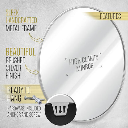 HBCY Creations Medium Round Mirror, Silver 24 inch Wall Mirror for Entryway, Bathroom, Living Room and More, Modern Minimalist Mirror for Both Rustic and Boho Design and Decor