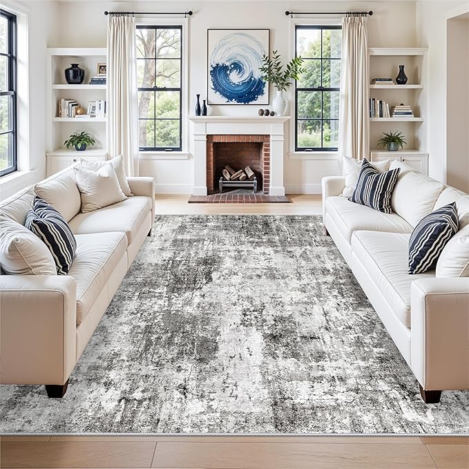 8x8 Square Area Rug Living Room – Non-Slip Washable Large Floor Carpet for Bedroom Dining Room Playroom Room – Modern Abstract Neutral Thin Low-Pile Big Indoor Rug (Grey)