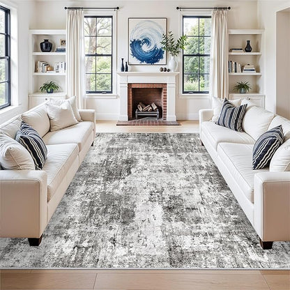 8x8 Square Area Rug Living Room – Non-Slip Washable Large Floor Carpet for Bedroom Dining Room Playroom Room – Modern Abstract Neutral Thin Low-Pile Big Indoor Rug (Grey)