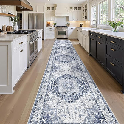 Washable 2.6x16 Hallway Runner Rug - Extra Long Non Slip Vintage Runner Rugs for Kitchen Stain Resistant Indoor Floor Mat Waterproof Carpet for Living Room Entryway Navy/Blue