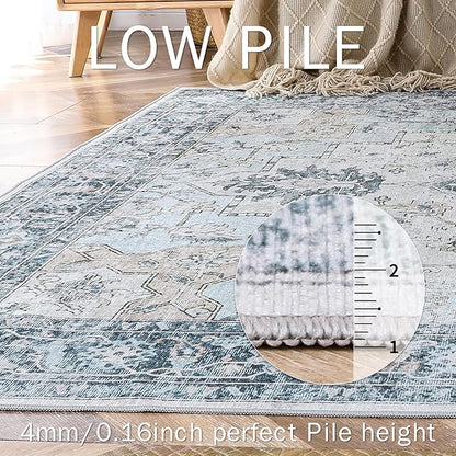 GENIMO 7'6''x9'6'' Area Rugs for Living Room, Machine Washable Non Slip Vintage Rugs, Low Pile Lightweight Chenille Print Rug for Bedroom, Dining Room, Home Office, Blue