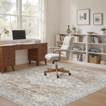 5x7 Washable Area Rugs for Living Room: Non Slip Vintage Brown Gray Rug, Large Soft Stain Resistant Indoor Floor Carpets for Bedroom Dining Room Nursery Home Office Kid & Pet Friendly