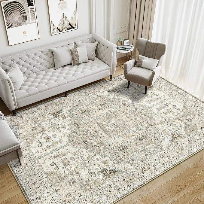 8x10 Area Rugs for Living Room Washable Non Slip Vintage Rug for Bedroom Large Stain Resistant Neutral Farmhouse Indoor Floor Carpet Dining Room Home Office Decor (Brown/Ivory,8'x10')