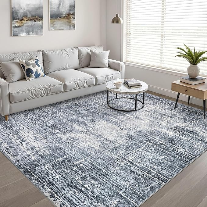 9x12 Area Rug Living Room: Washable Large Neutral Navy Rug Abstract Soft Modern Stain Resistant Indoor Floor Non-Slip Carpet for Bedroom Nursery Kids Office Playroom Dining Room Under Table Home