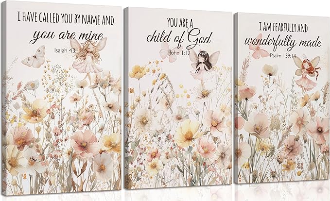 3Pcs Christian Nursery Canvas Wall Art Wildflower Bible Verse Painting Vintage Flower Scripture Pictures Wall Decor Butterfly Girl Floral Posters Prints for Girls Baby Room Living Bedroom Framed