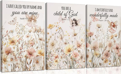 3Pcs Christian Nursery Canvas Wall Art Wildflower Bible Verse Painting Vintage Flower Scripture Pictures Wall Decor Butterfly Girl Floral Posters Prints for Girls Baby Room Living Bedroom Framed