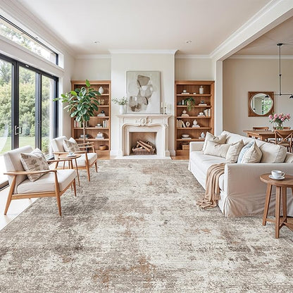 12x15 Area Rug for Living Room – Large Modern Neutral Abstract Thin Washable Carpet, Soft Low Pile Non-Slip Stain-Resistant for Bedroom Dining Room Home Office (Beige Grey)
