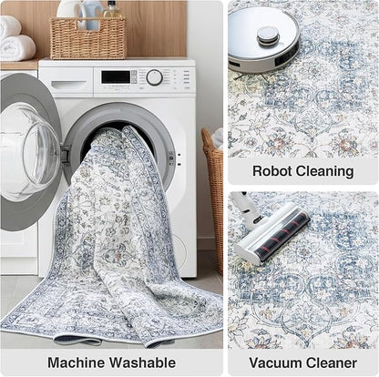 FMFUNCTEX 6x9 Blue Washable Area Rug Vintage Distressed Oriental Non Slip Low Pile Neutral Indoor Carpet for Living Room Bedroom Soft Retro Floral Thin Large Rug for Dining Nursery Office Dorm
