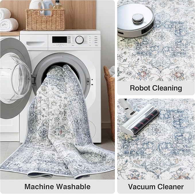 FMFUNCTEX 2x6 Hallway Runner Rug Blue Vintage Washable Distressed Oriental Non Slip Low Pile Neutral Indoor Carpet Retro Antique Thin Entryway Rug for Kitchen Bedroom Bedside Laundry Entry Bathroom