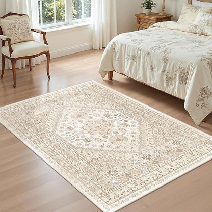 zesthome 4x6 Rug - Stain Resistant Washable Rug, Anti Slip Backing Rugs for Living Room, Foldable Vintage Small Area Rugs (Cream/Beige,4'x6')