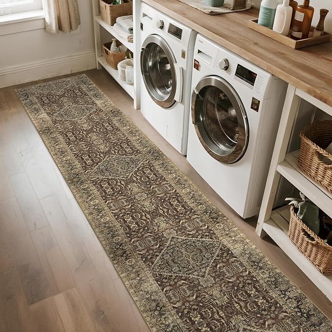 Non-Slip Runner Rugs for Hallway: 2x14 Washable Long Rug for Entryway Kitchen Bathroom Bedroom Indoor - Vintage Home Decor Mat Carpet - Brown