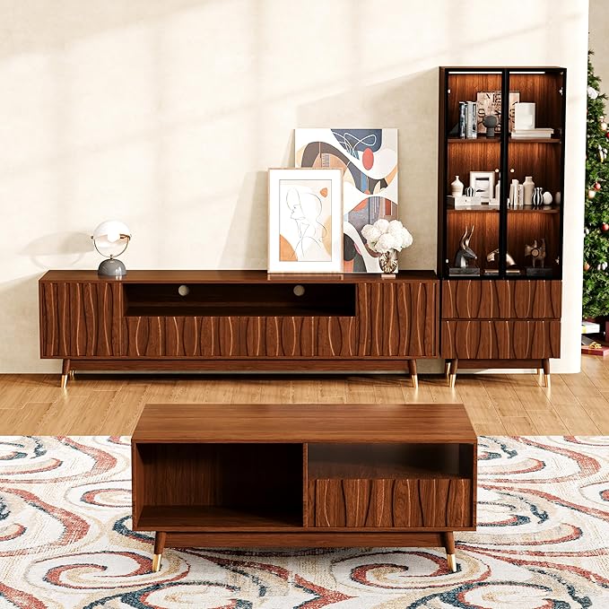 102" Walnut Finish Entertainment Center for 55/65/75 inch TV, Included 78.7'' TV Stand, Glass Display Cabinet and Coffee Table, 3-Piece Brown Mid Century Modern Wood Media Console for Living Room